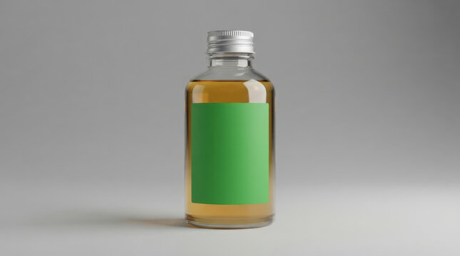 Clear glass bottle with amber liquid and empty green label design on light grey studio background for beverage branding mockup.