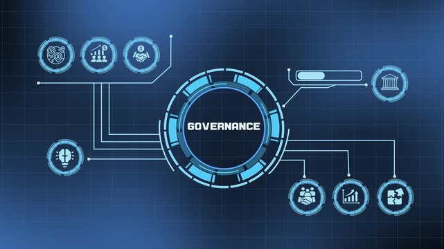 Corporate Governance and Institutional Oversight Visualized Through a Futuristic Digital HUD.
