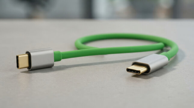 Flexible green usb type c data cable with silver connectors lying on grey surface for modern technology charging and connection.