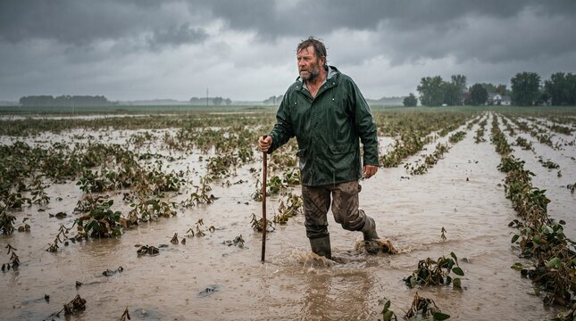 Farmer Wades Through Flooded Soybean Field Under Stormy Skies Assessing Crop Damage