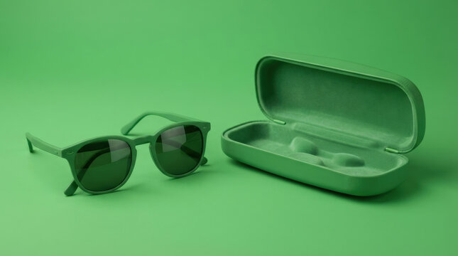 Green sunglasses next to open matching protective hard case on solid green surface illustrates complete eyewear storage solutions.