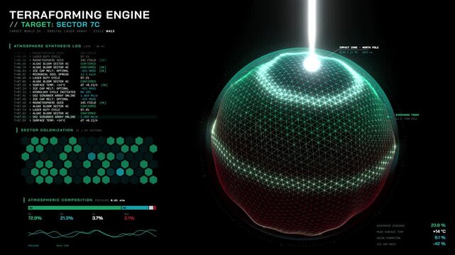 Sci fi terraforming engine interface with planet hologram and laser beam