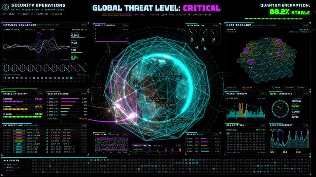 Futuristic cybersecurity dashboard interface with global threat map