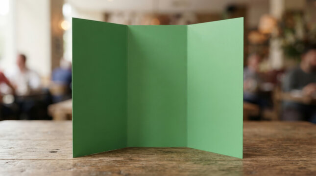 Green tri fold brochure template standing on rustic wooden table with warm blurred restaurant interior in background.