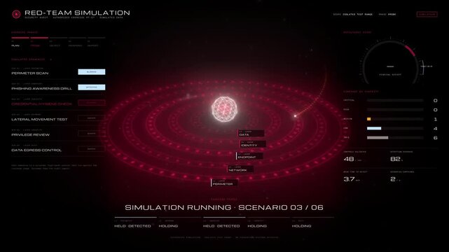 Cybersecurity dashboard interface with red team simulation HUD metrics