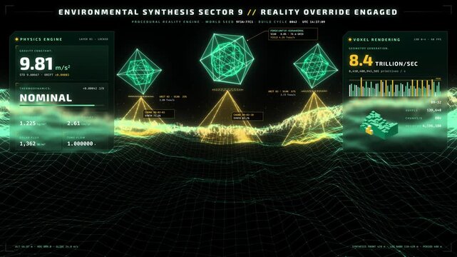 Futuristic HUD interface displaying procedural terrain and geometric data