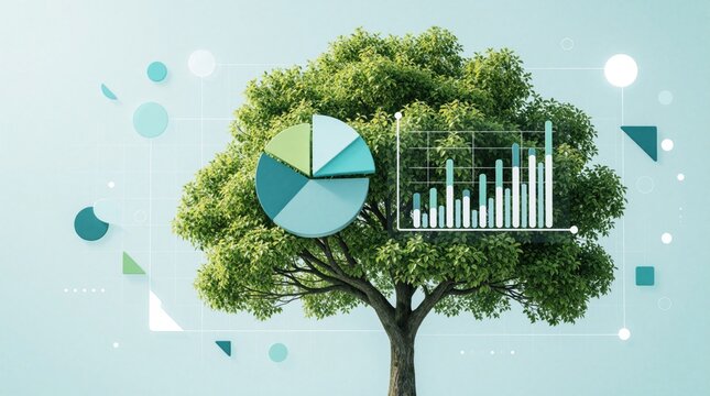 Green tree grows with digital pie chart, bar graph on blue background. Abstract data visualization shows business growth, eco sustainability concept. Modern infographic elements represent nature tech