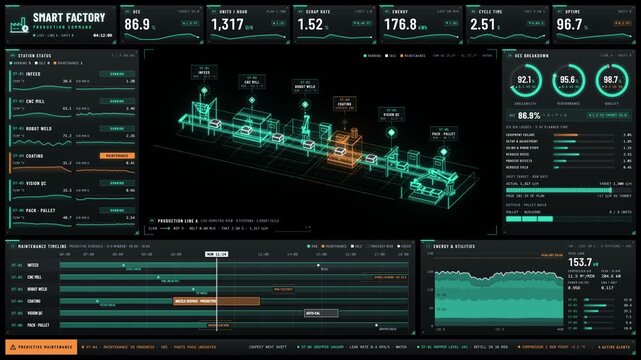 Smart factory production dashboard with digital twin conveyor line