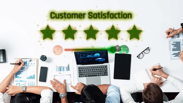An overhead view of hands working on market analysis showing customer satisfaction. Highlights emotions and ratings with graphs, enhancing team collaboration in a professional environment. Raster