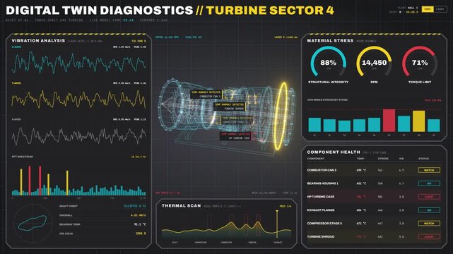 Digital twin turbine diagnostics dashboard with 3D model and telemetry
