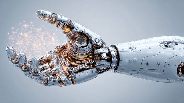 Close up of a gleaming robotic arm with intricate metallic joints