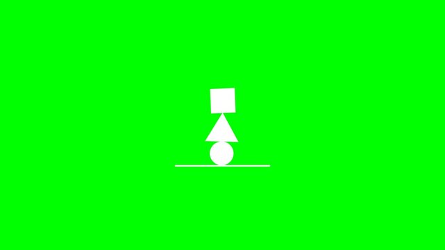 Animated white geometric shapes balancing on green screen
