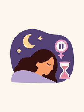 Woman Sleeping During Menopause with Hourglass and Female Symbol