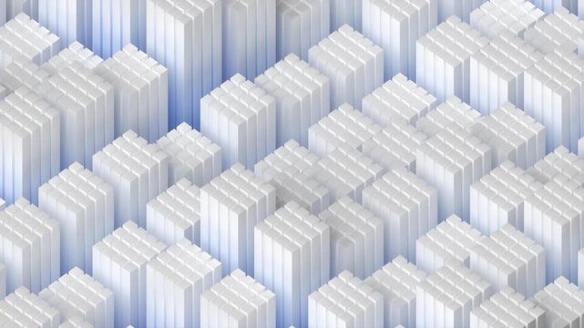 Minimalist 3D loop background of white geometric cubes arranged in a repeating pattern with soft blue shadows.