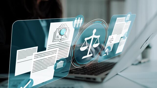 Digital interface showcasing legal research and document management with scales of justice symbol, modern technology in law concept, online resources for attorneys and legal professionals. Entropy.