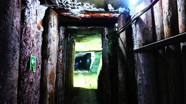 Narrow atmospheric corridor inside the historic Cacica salt mine, with illuminated passage leading deeper underground.