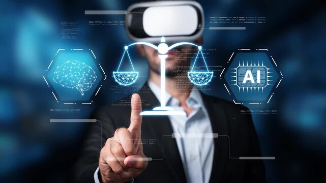 A business professional engages with virtual reality technology to visualize and interact with artificial intelligence concepts in a contemporary workspace setting. Raster