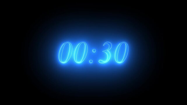 Glowing neon colorful 1 minute countdown animation from 60 seconds to 0 seconds. 1 minute countdown timer on a black background. video