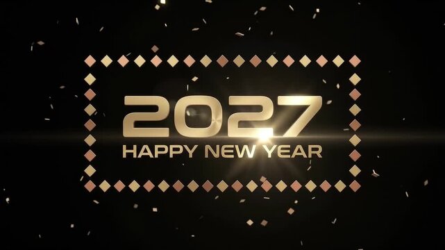 Golden 2027 Happy New Year Animation with Confetti on Black Background