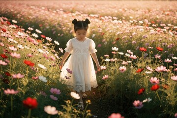 Fototapeta premium Little Asian girl in white lace dress walks through blooming cosmos flower field in Thailand. Cute toddler enjoys summer nature outdoors. Happy child explores colorful meadow during golden hour