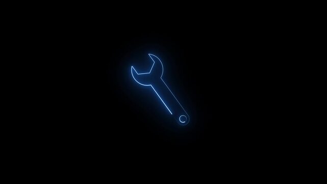 glowing blue neon wrench tool icon outline animation with luminous light effect.