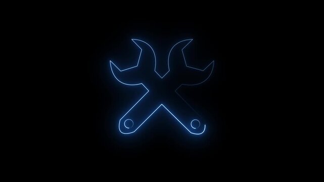 crossed blue neon wrench tools icon with glowing outline and luminous light animation.