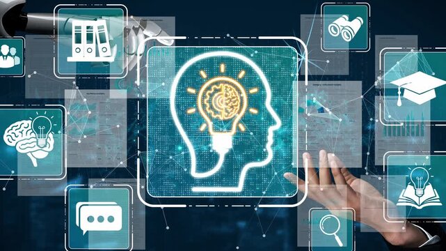 Conceptual representation of artificial intelligence and knowledge management with human silhouette and icons of various training and learning elements Sigmoid