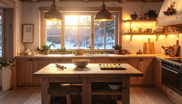 Rustic farmhouse kitchen on a winter evening with brass pendant lights, a wooden island with cookie dough and a rolling pin, snowy garden window, copy space