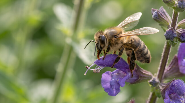 Honey bee gathering nectar on purple flower macro in natural garden 