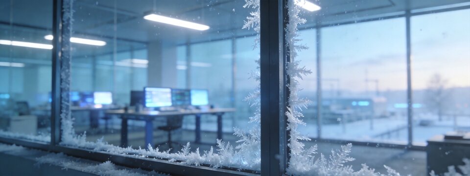 Winter Frosty Morning Modern AI Tech Office View Through Frost Covered Glass