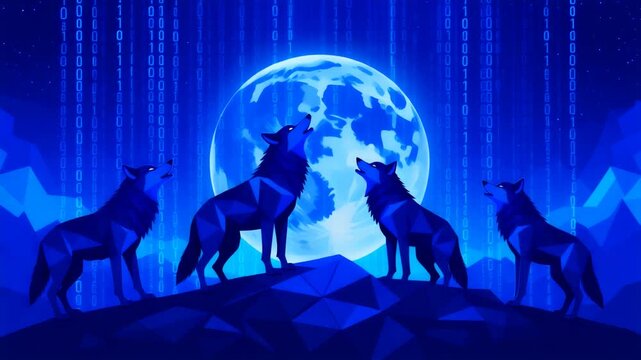Four Wolves Howling at Full Moon on Geometric Mountain - Digital Art