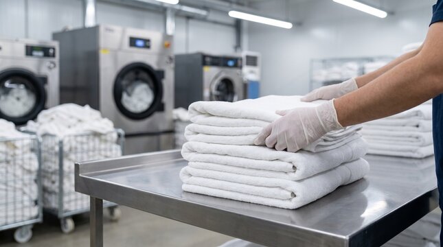 Worker folding clean white towels on a stainless steel table in an industrial laundry facility