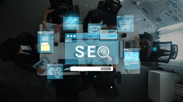 Professional Meeting on Digital Marketing Strategies Featuring SEO, Ads, and Analytics with Diverse Team Collaborating in Modern Office Environment. Entropy.