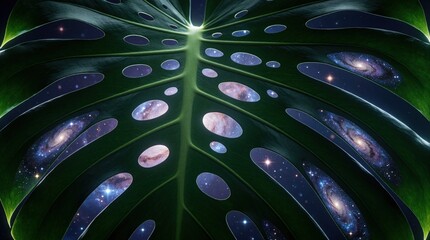 Fototapeta premium Macro view of monstera leaf with cosmic holes. Deep green foliage glowing galaxies, nebulae, bright stars inside perforations. Surreal botanical art combines nature with outer space theme. Mystic