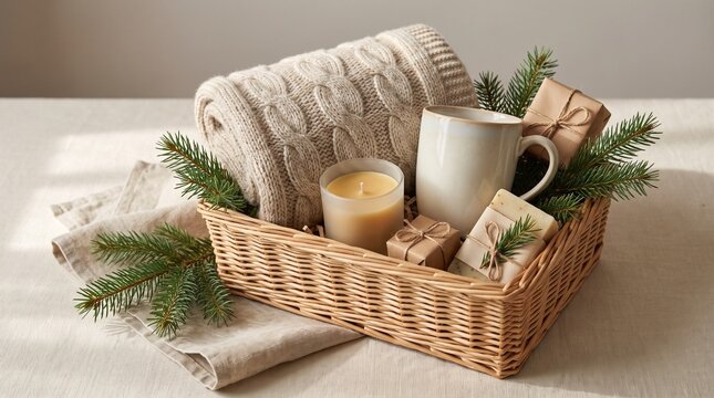 Cozy winter gift hamper with knitted blanket mug candle and pine branches for holiday celebration
