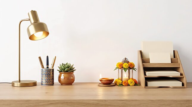 A cozy wooden desk setup featuring a modern gold desk lamp small succulent plant and autumn decorations on white background