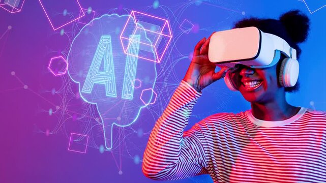 Smiling woman wearing virtual reality headset with abstract technology graphics in vibrant colors showcasing innovation and digitization in modern entertainment Sigmoid