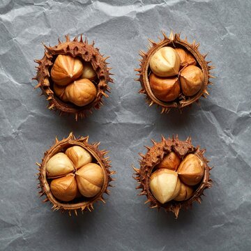 Four Opened Beechnut Husks with Small Nuts on Rough Grey Paper