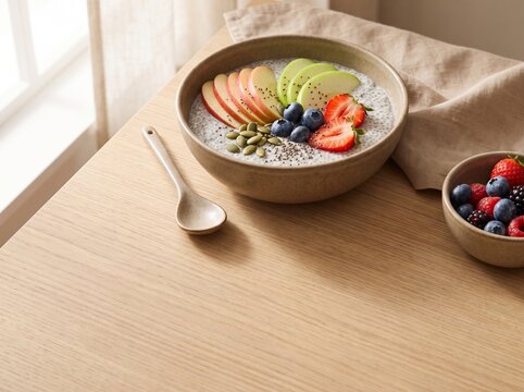 Fresh chia pudding bowl with vibrant fruit and chia seeds. Wooden table and soft natural light create calm ambiance. Healthy breakfast or lunch option feels inviting and wholesome