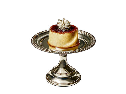 Small cake silver pedestal with berry glaze and cream topping, isolated transparency background