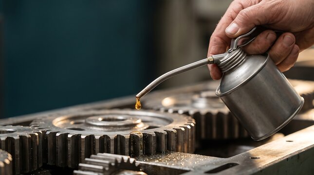 Hand lubricating metal gears with oil can in industrial workshop