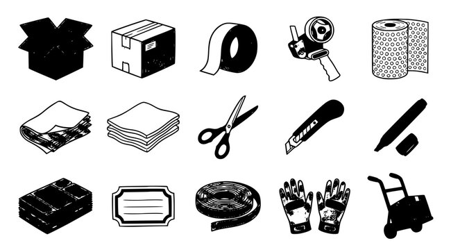 Packing supplies and tools icons set, home relocation vector linear doodles, cardboard boxes, adhesive tape, bubble wrap, scissors and cutter elements