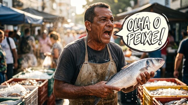 Peixeiro nordestino gritando olha o peixe segurando peixe fresco na feira livre