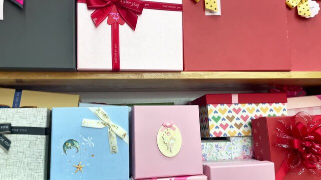 A variety of luxury gift boxes and decorative packaging on retail shelves. A colorful collection of presentation boxes featuring large red ribbon bows, pastel pink and blue cartons, heart patterns