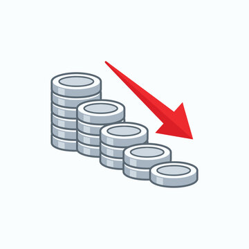 Financial Loss and Economic Downturn Concept Illustration: Isometric Silver Coin Stacks with Red Arrow Pointing Down Representing Market Crash or Recession