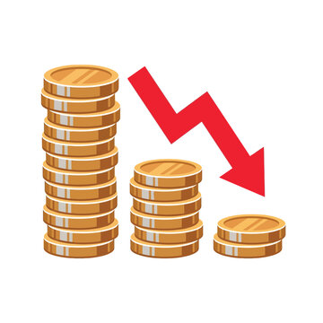 Financial Loss and Economic Crisis Concept Illustration: Stacks of Gold Coins with a Red Downward Arrow Representing Market Crash and Falling Profits