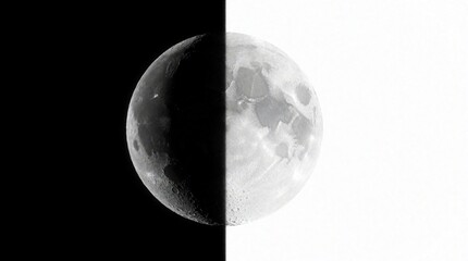 Fototapeta premium Minimalist lunar art shows crescent moon divided by vertical line. Half moon appears dark against black background half stays bright on white space. Celestial body concept with high contrast light,