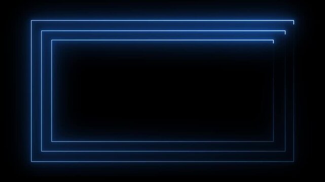 futuristic blue neon rectangular light trails forming glowing geometric frames on dark background.