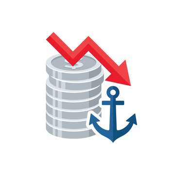 Financial Crisis Concept Illustration with Silver Coins, Falling Red Arrow, and Anchor Representing Economic Decline and Market Crash