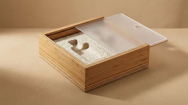 Bamboo wooden box with a frosted translucent lid and a white powder with footprints inside